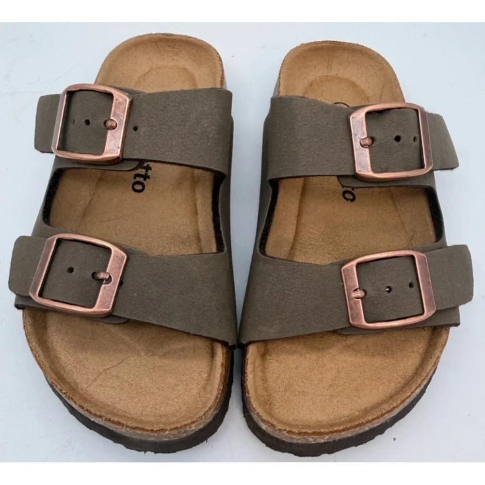 Torotto Double Strap Slide Sandals Brown Cork Copper Buckles | Toddler 25